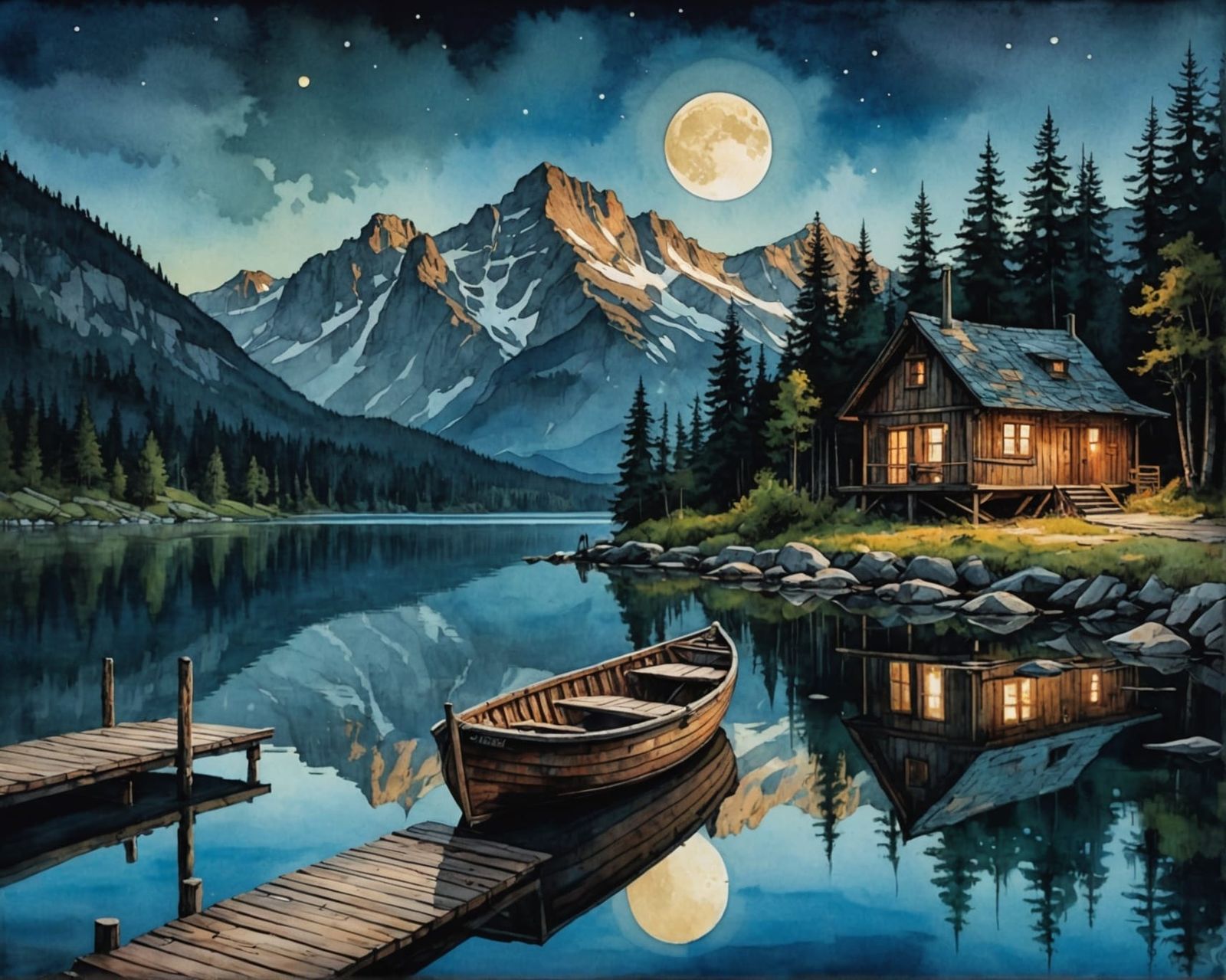 Boat on Reflective Lake: Detailed Watercolor Illustration