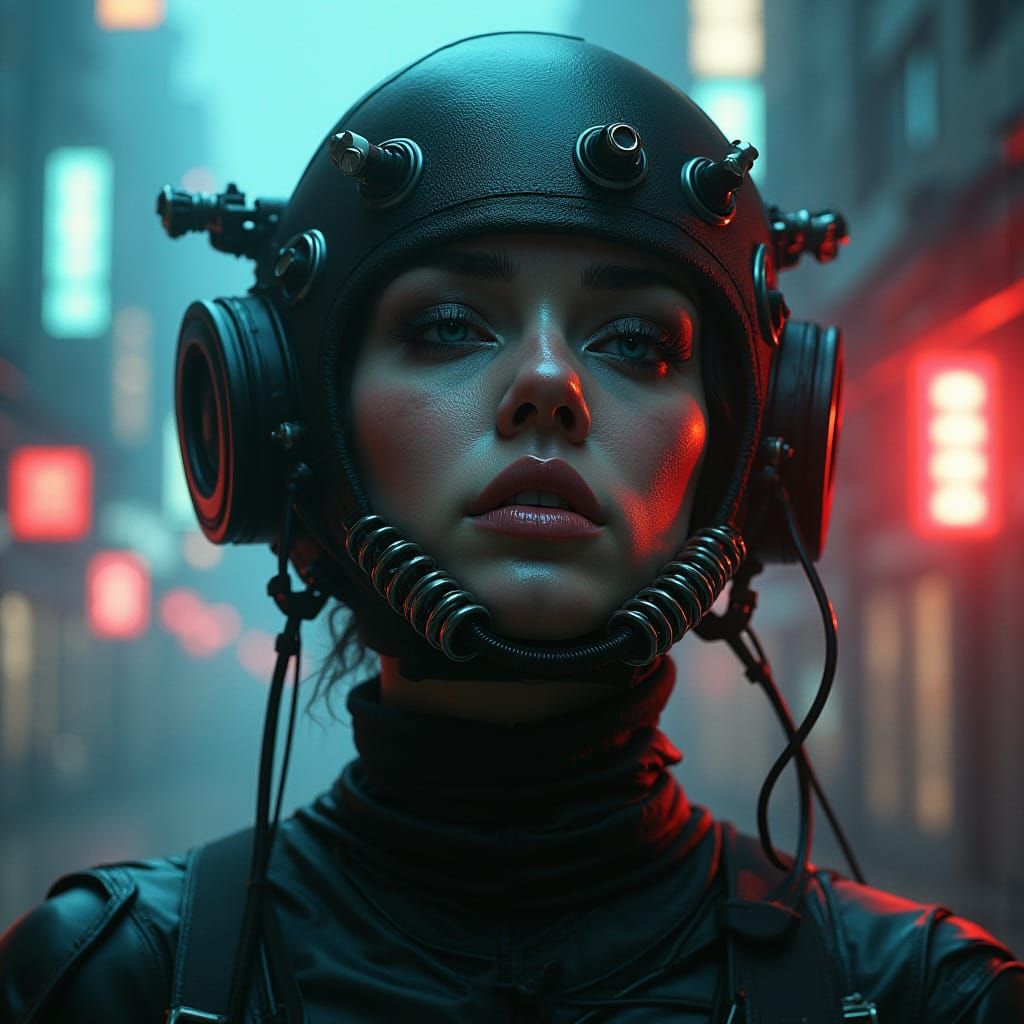 Woman in Futuristic City with Asphyxiation Mask