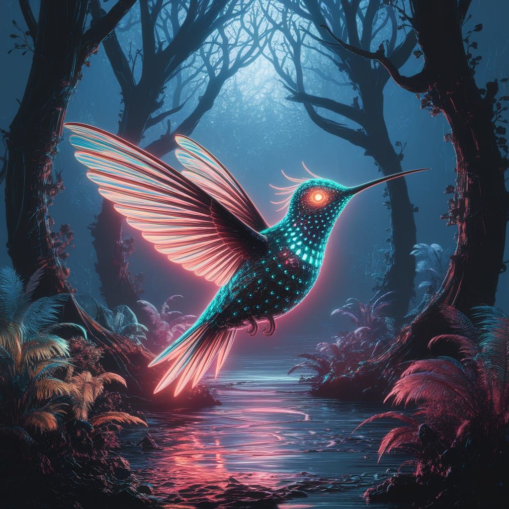 Cybernetic Hummingbird in Bioluminescent Jungle