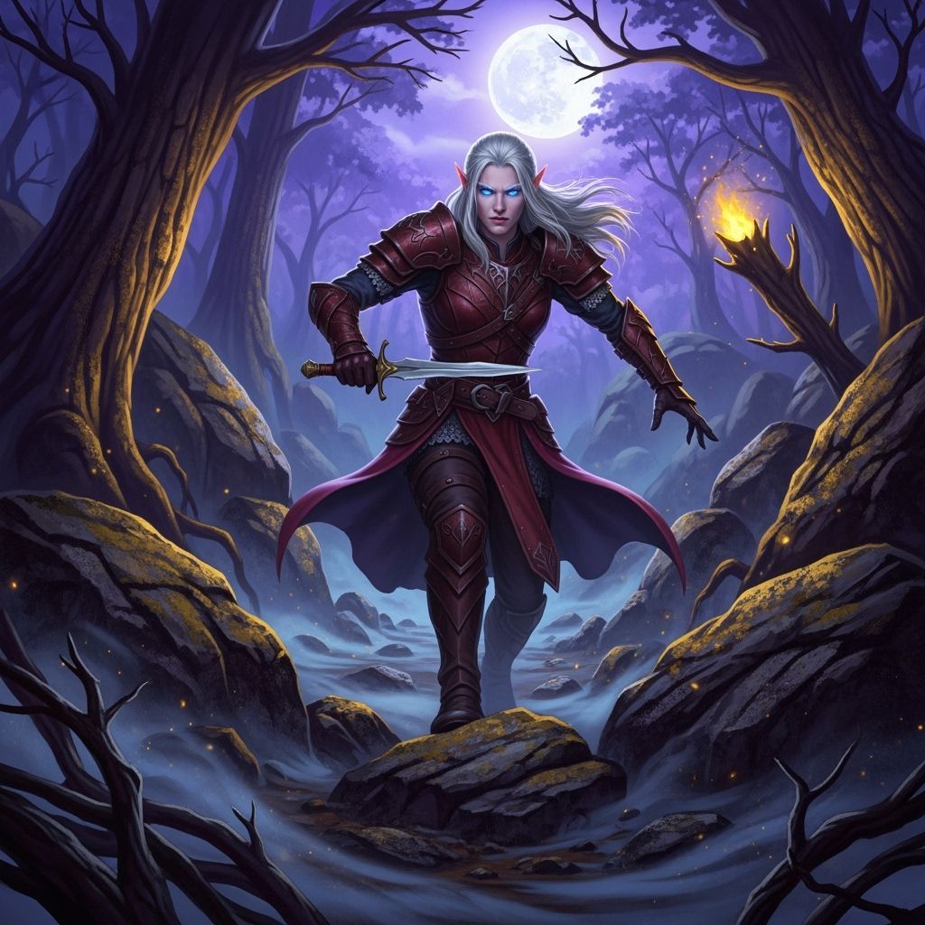 Elf Warrior Under Full Moon in Dark Fantasy Woodland