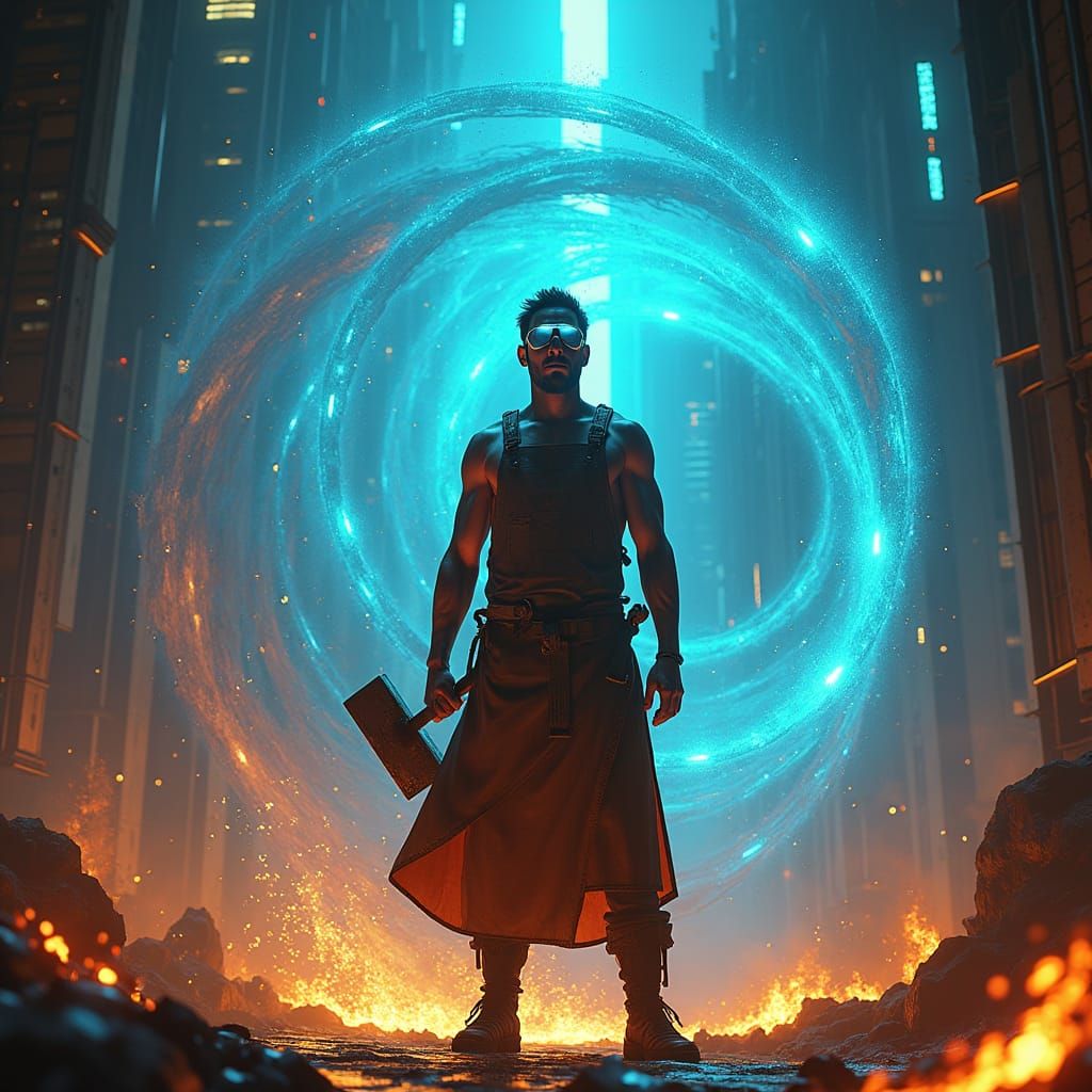 Futuristic Blacksmith in Matrix Cityscape