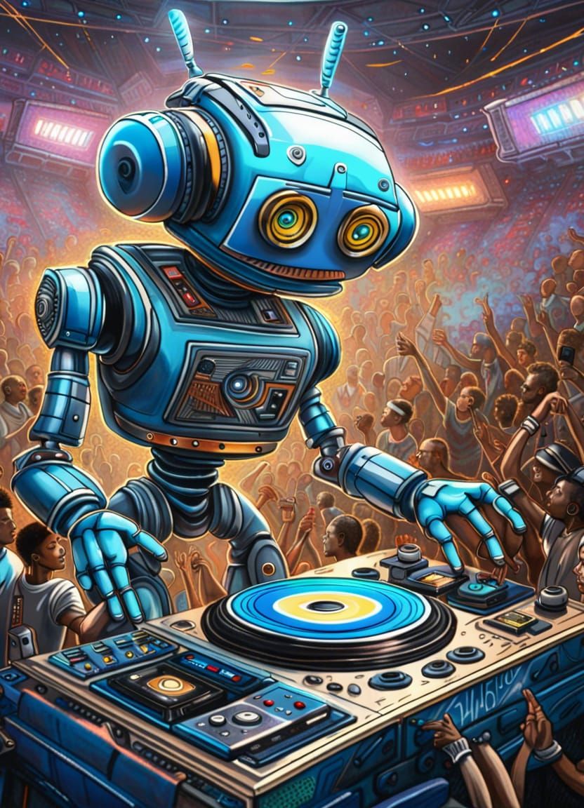 Robot DJ, spinning house music, mosh pit intergalactic stadi...