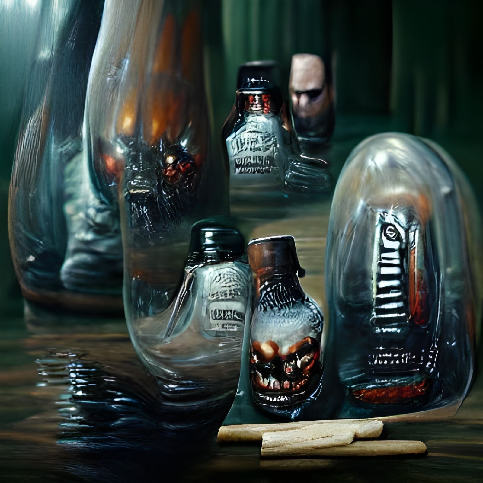 Realistic Bottles in Sinister Oil Painting Style