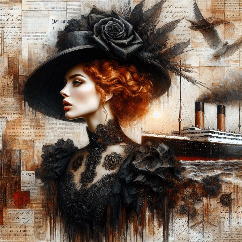 Elegant Redhead in Sepia-Toned Historical Oil Painting