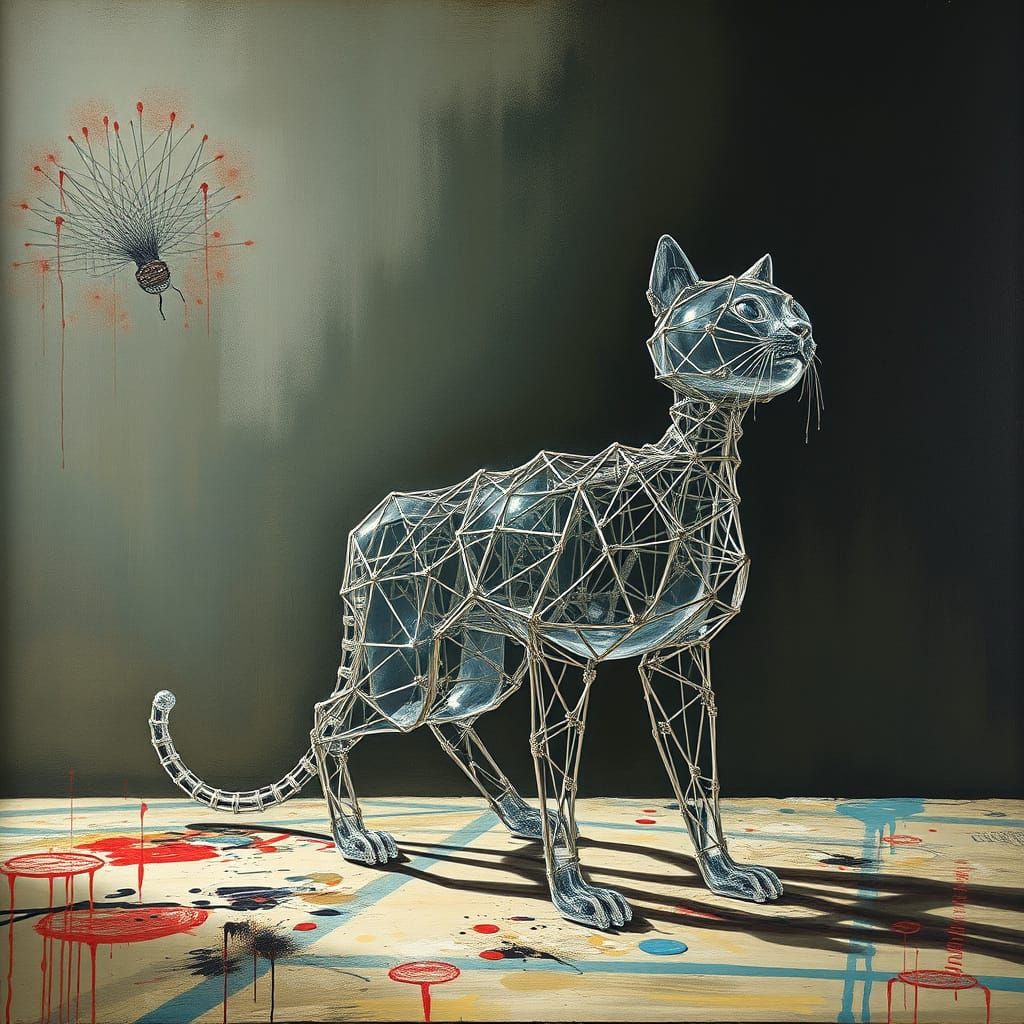 Surreal Crystal Cat Sculpture in Mixed Media