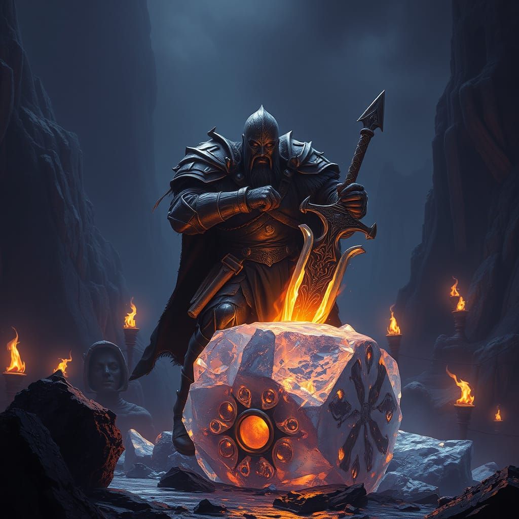 Dark Fantasy Warrior Unleashes Fiery Sword from Ancient Ice