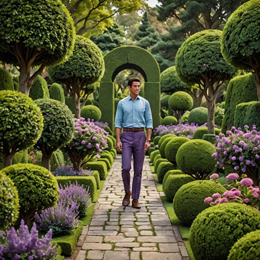 Symmetrical Garden Path with Vintage Figure
