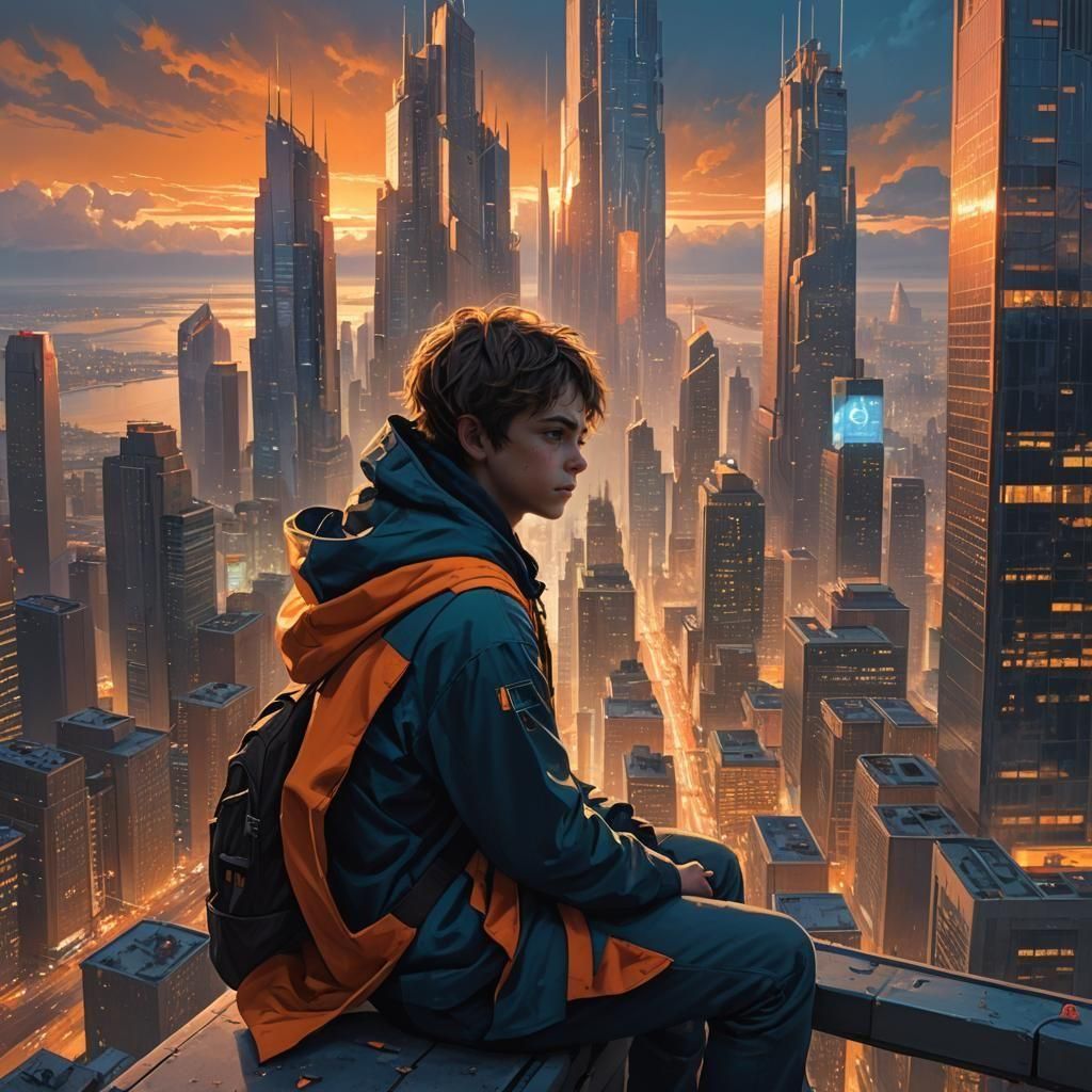 Boy on Skyscraper in Detailed Matte Painting