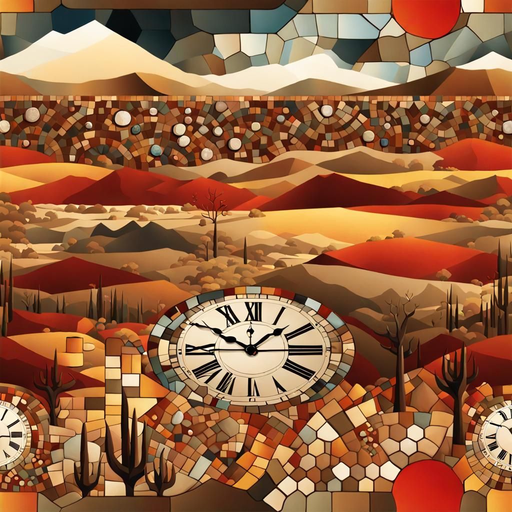 Surreal Mosaic Landscape with Melting Clocks