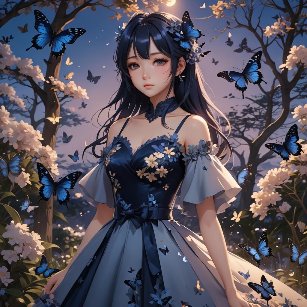 Anime Girl Aoi in Twilight Garden in 3D Style