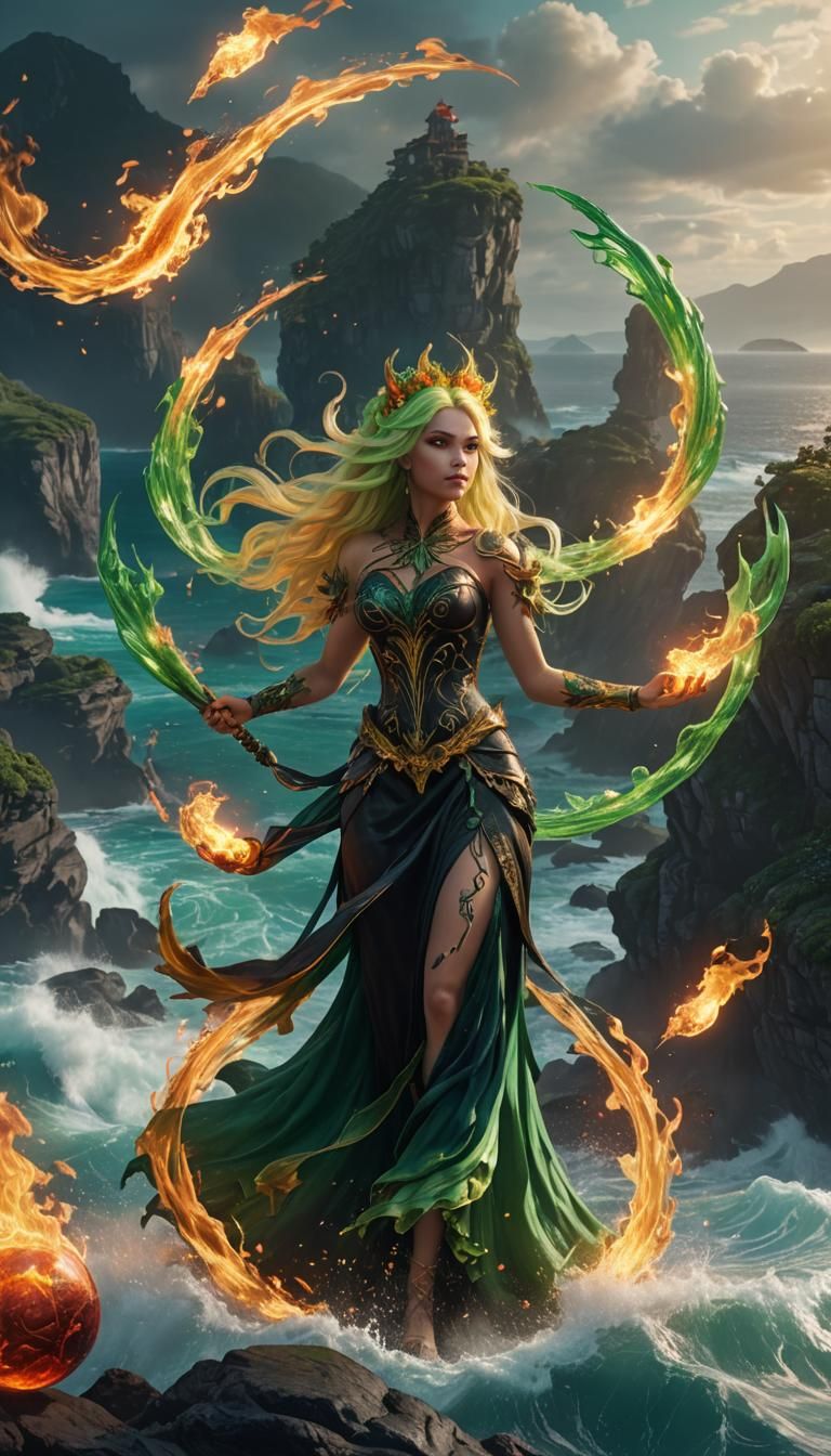 Fire Fairy Balancing Fireballs, Fantasy Concept Art