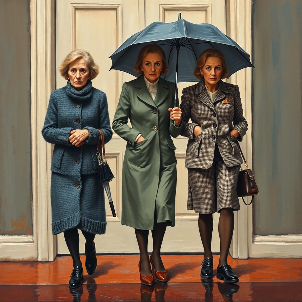 Neo-Impressionist Painting of Three Gloomy Ladies