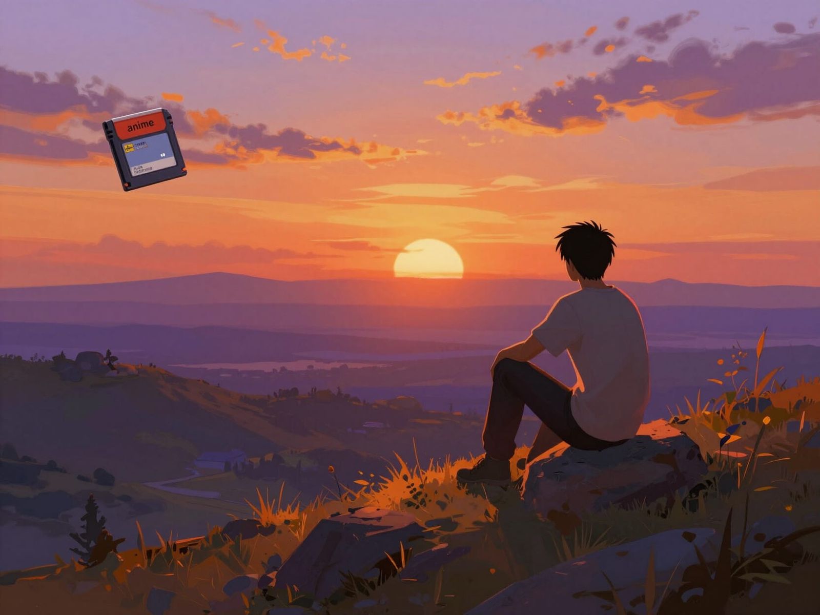 Man Reflects on Hilltop at Sunset, Street Fighter Cartridge