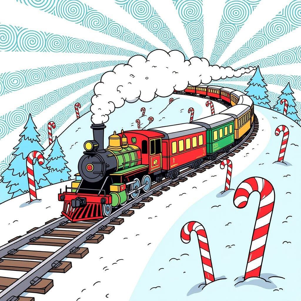 Toy Train on Candy Cane Track in Zentangle Style