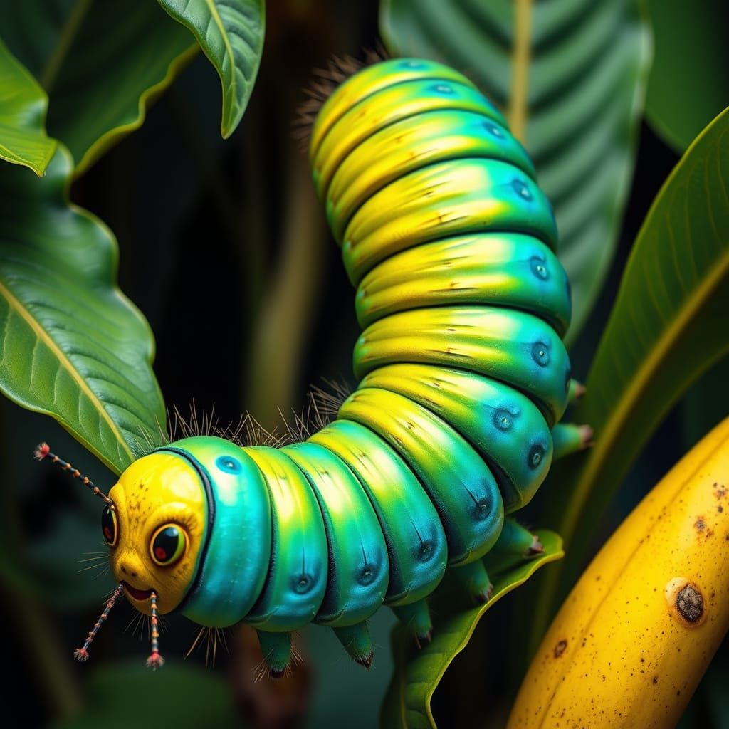 Ethereal Caterpillar Devours Banana in Whimsical Landscape