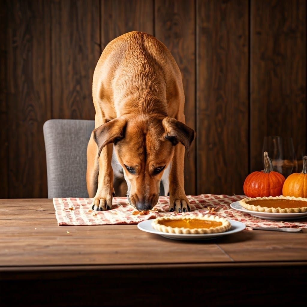 Dog Indulging in Thanksgiving Pumpkin Pie