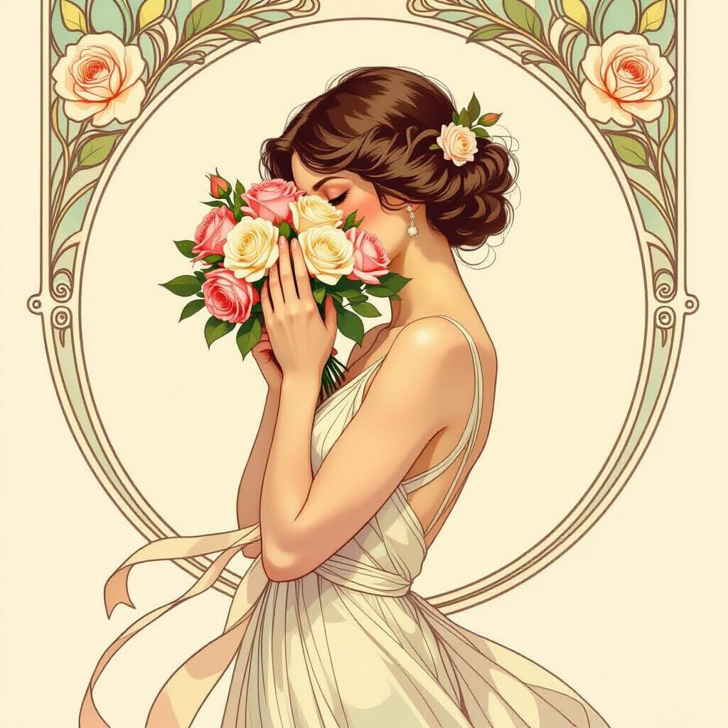 Woman with Roses in Watercolor Style