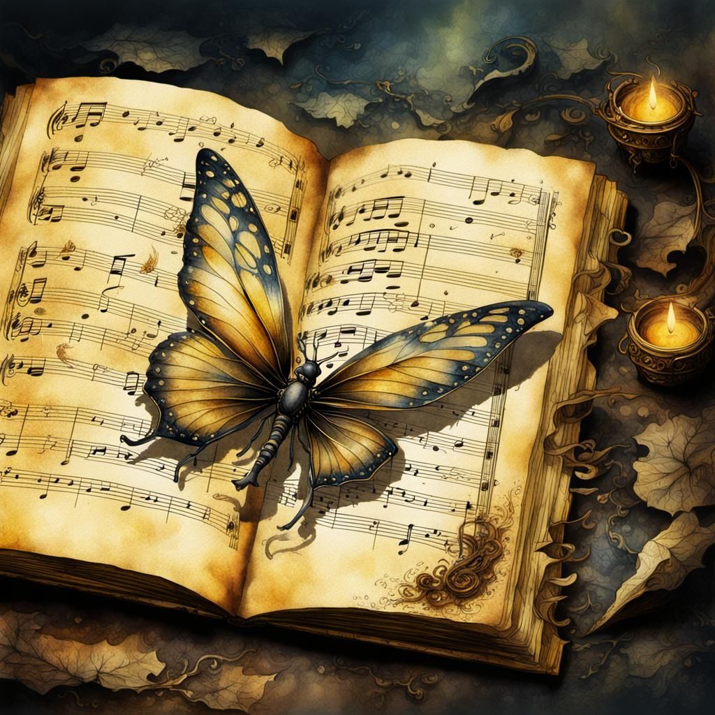Fairy Mélusine on Burnt Music Score: Watercolor Illustration