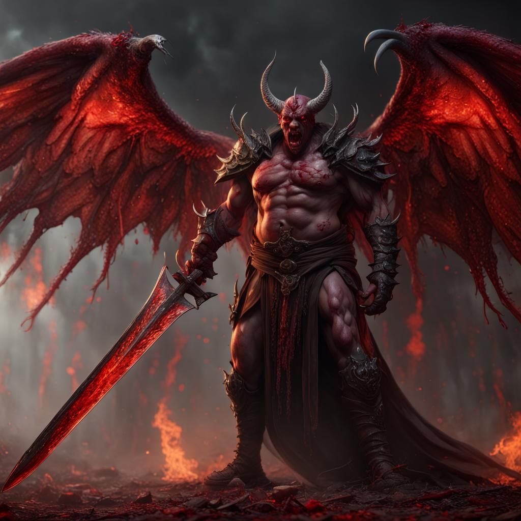Terrifying Demon with Sword in a Bloody Inferno