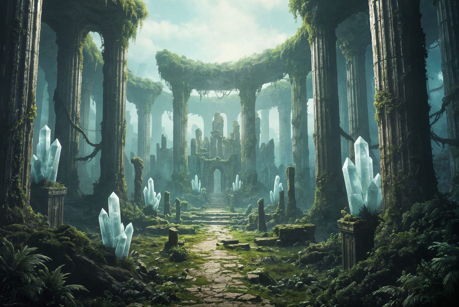 Jungle-Covered Ancient City Ruins with Crystal Pillars