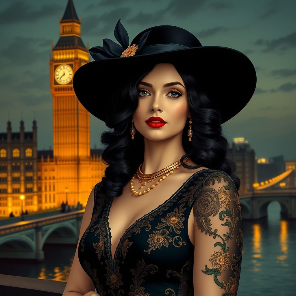 Elegant Woman in Art Nouveau Cityscape