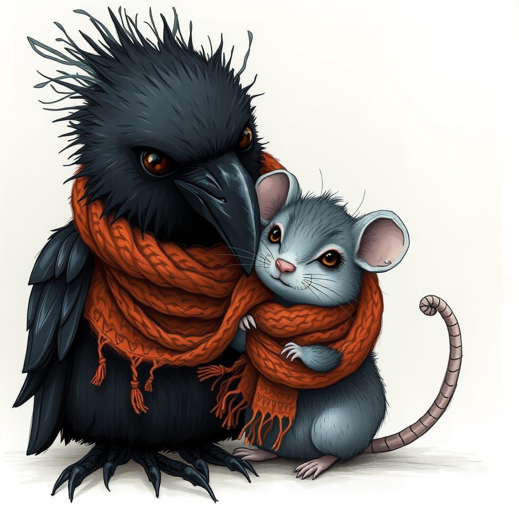 Whimsical Illustration of Mouse and Raven in Cozy Embrace