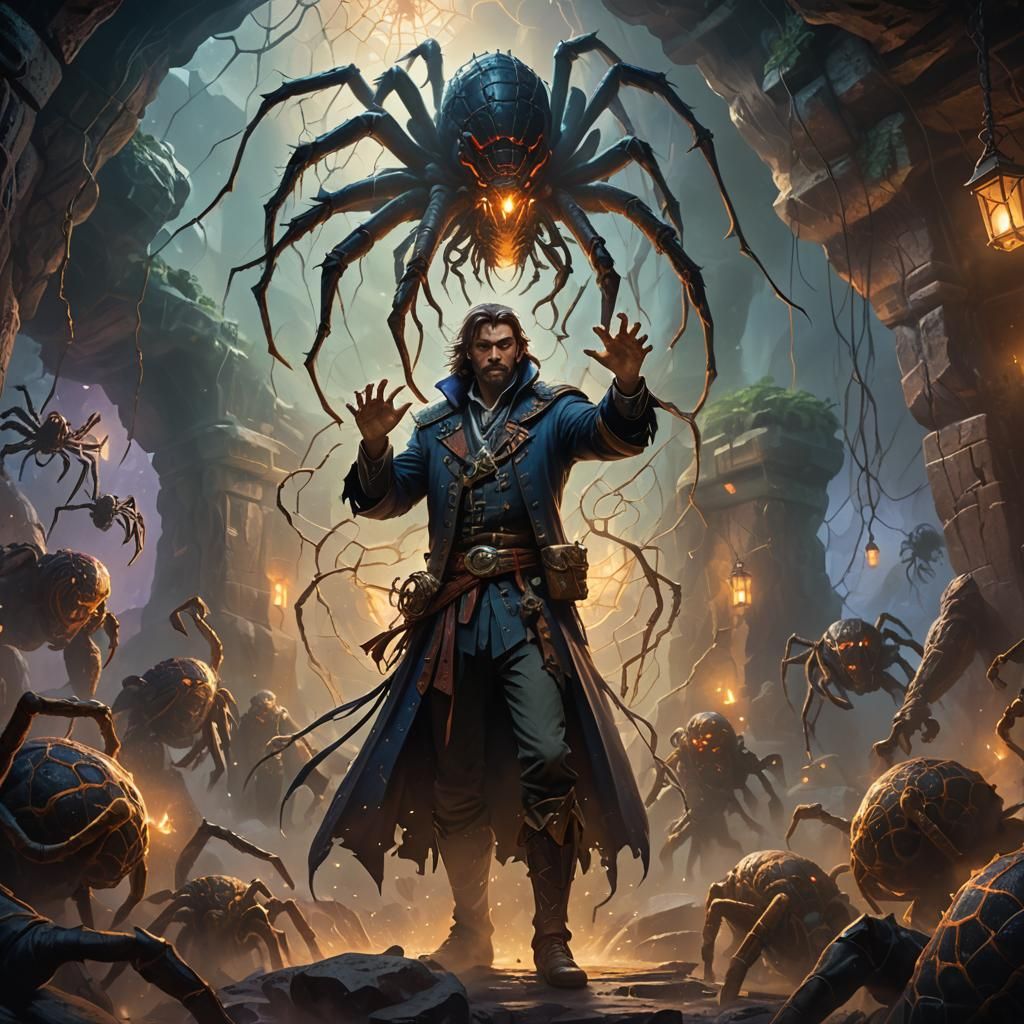 Warlock Surrounded by Spiders in Misty Cave