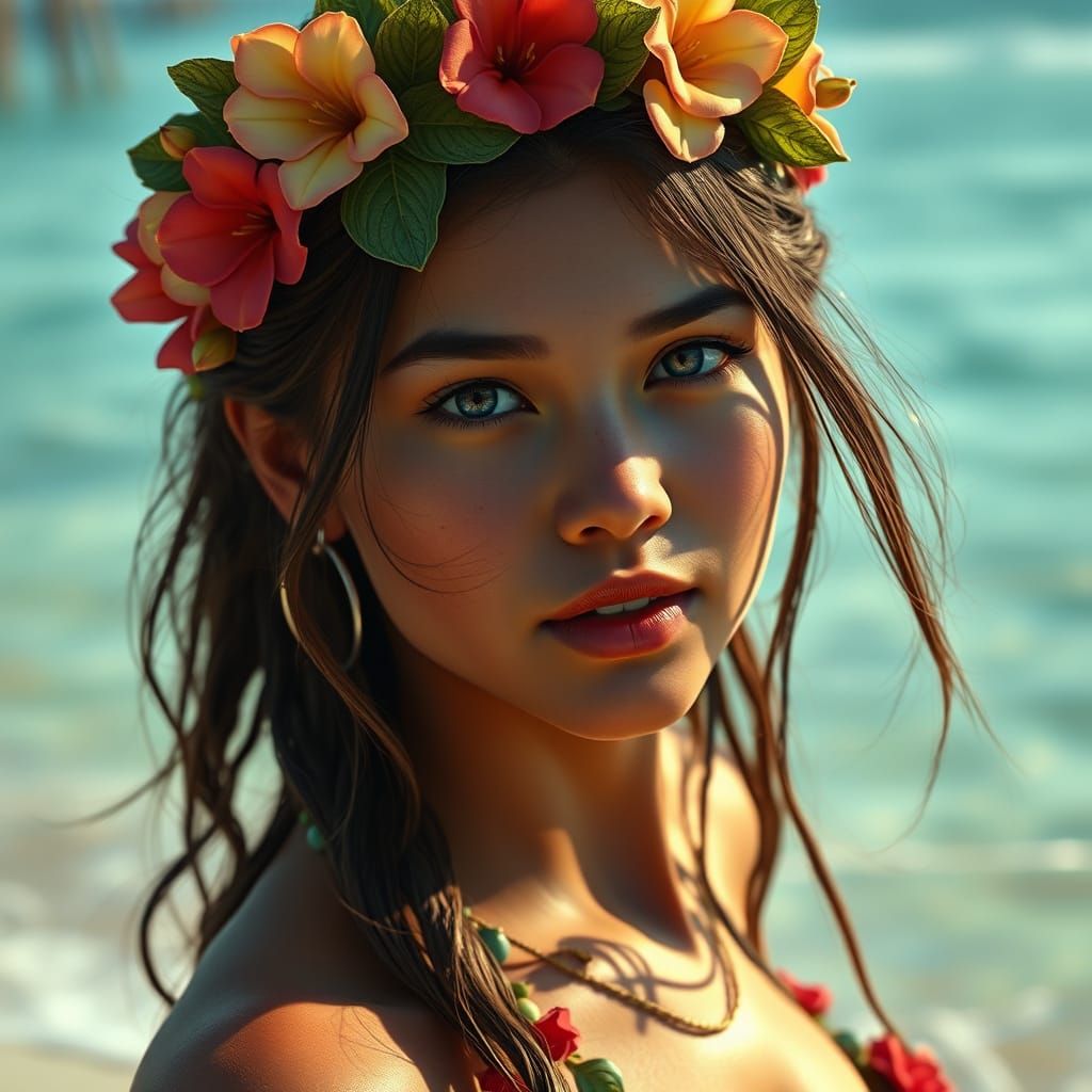 Hyper Realistic Hawaiian Beach Goddess in Fantasy Art