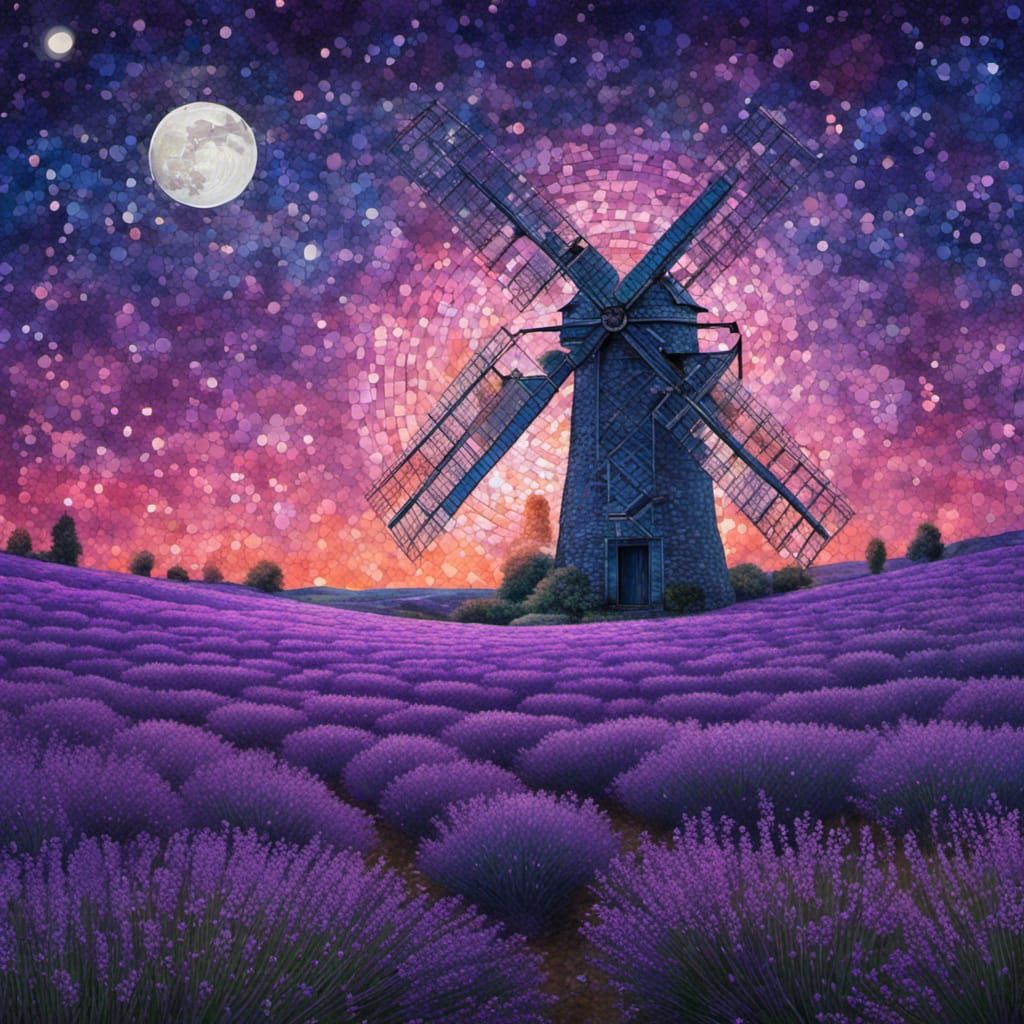 Windmill Among Lavender at Night: Holographic Astral Illustr...