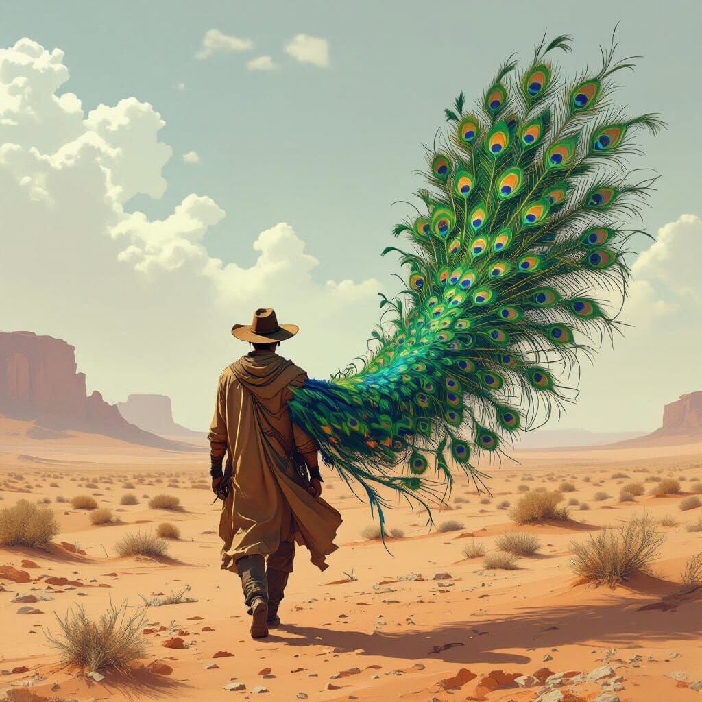 Desert Wanderer with Peacock Tail: Digital Art