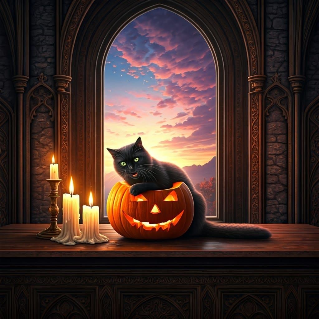 Black Cat Enjoys Pumpkin in Ornate Castle, Maximalist Style