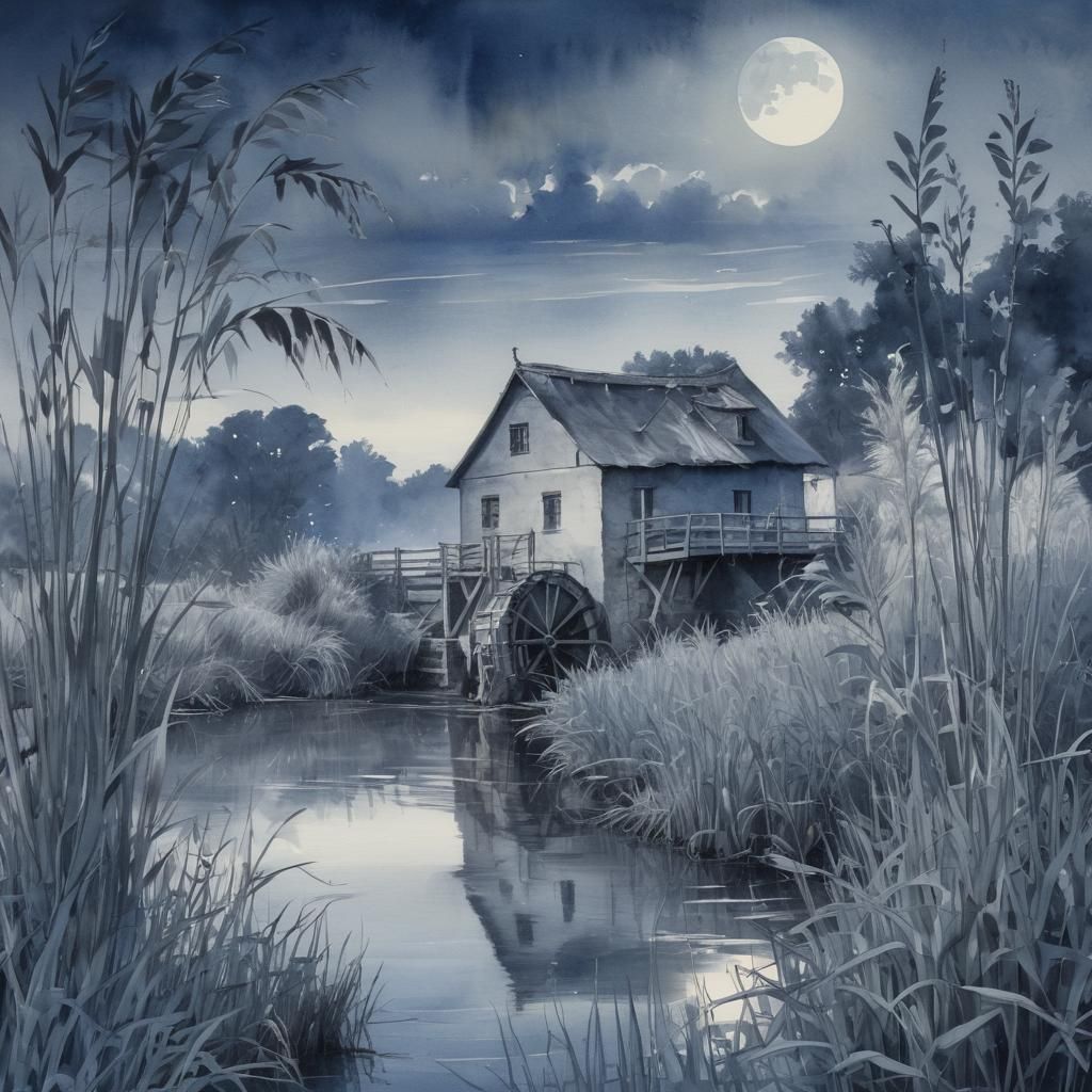 Blue Monochrome Watercolor of Watermill at Night
