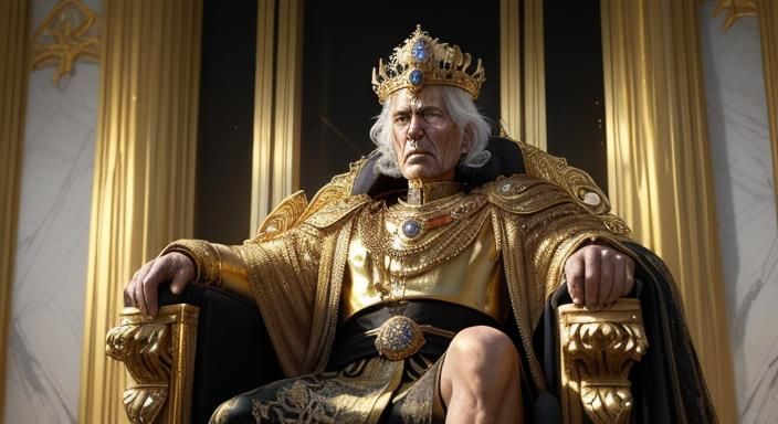Frail King on Throne in Ominous Golden Hour