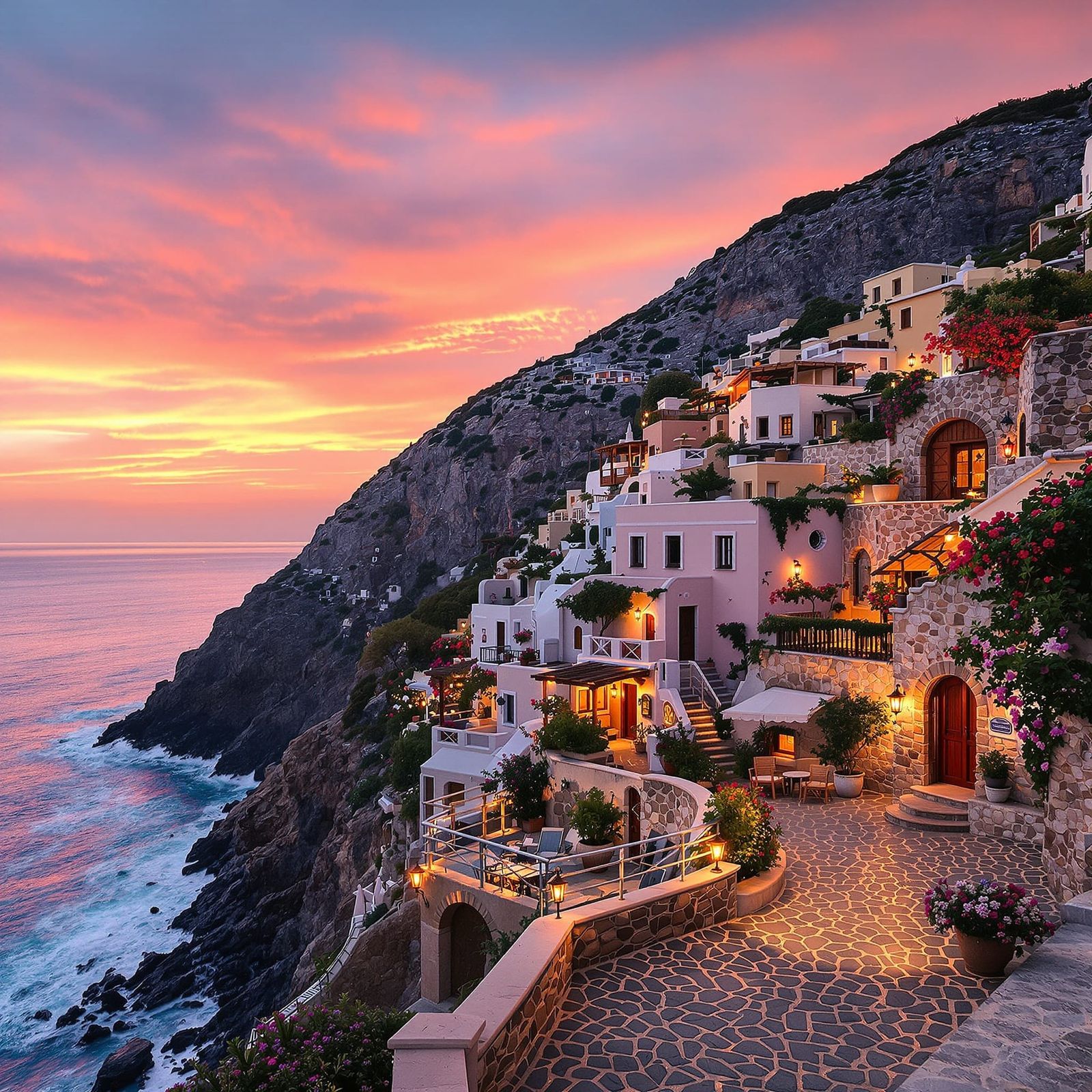 Romantic Mediterranean Village at Sunset