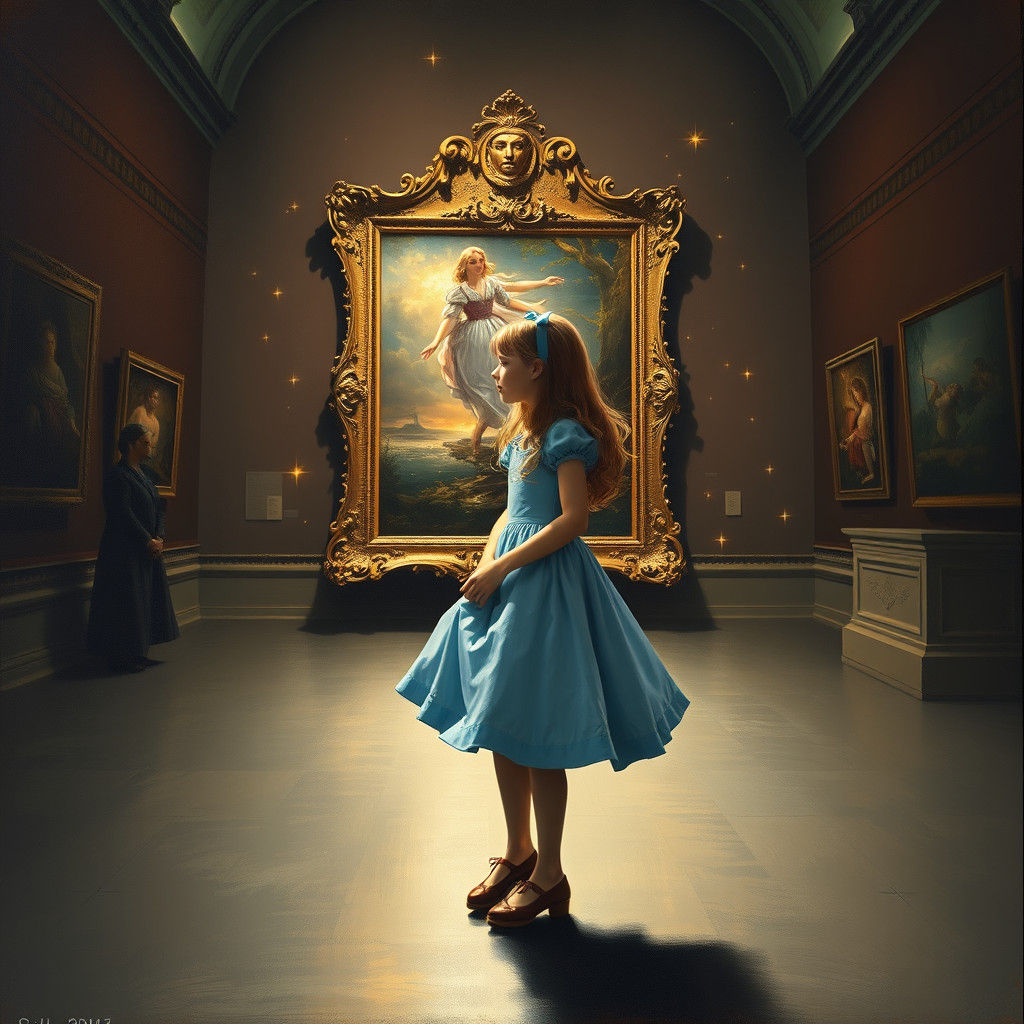 Alice Emerges from Painting: Romantic Oil on Canvas