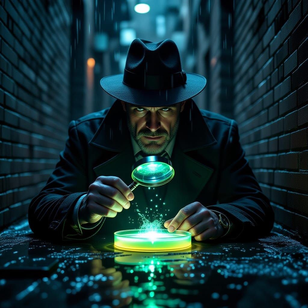 Detective Inspects Glowing Microbe in Rainy Alleyway