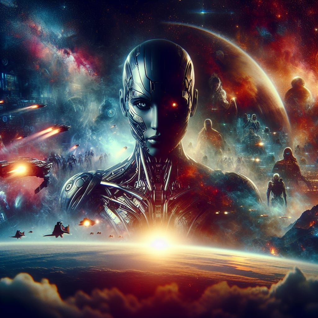 Cyborg Warrior in Double Exposure Interstellar Poster