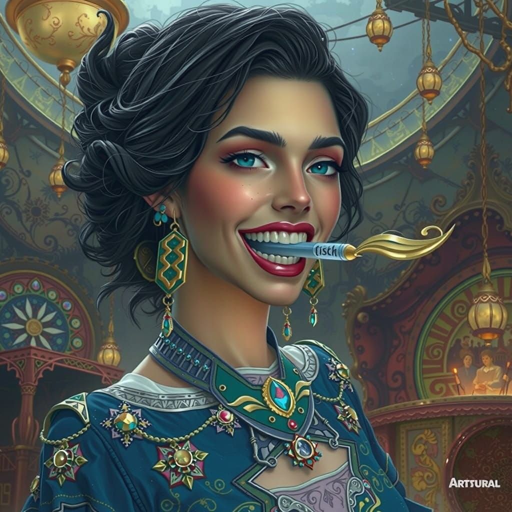 Whimsical Woman Amidst Fantastical Architecture