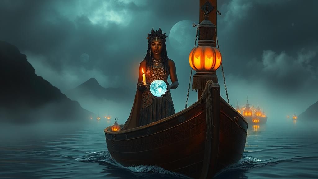 Ethereal Queen Sailing a Mystic River in Surreal Style
