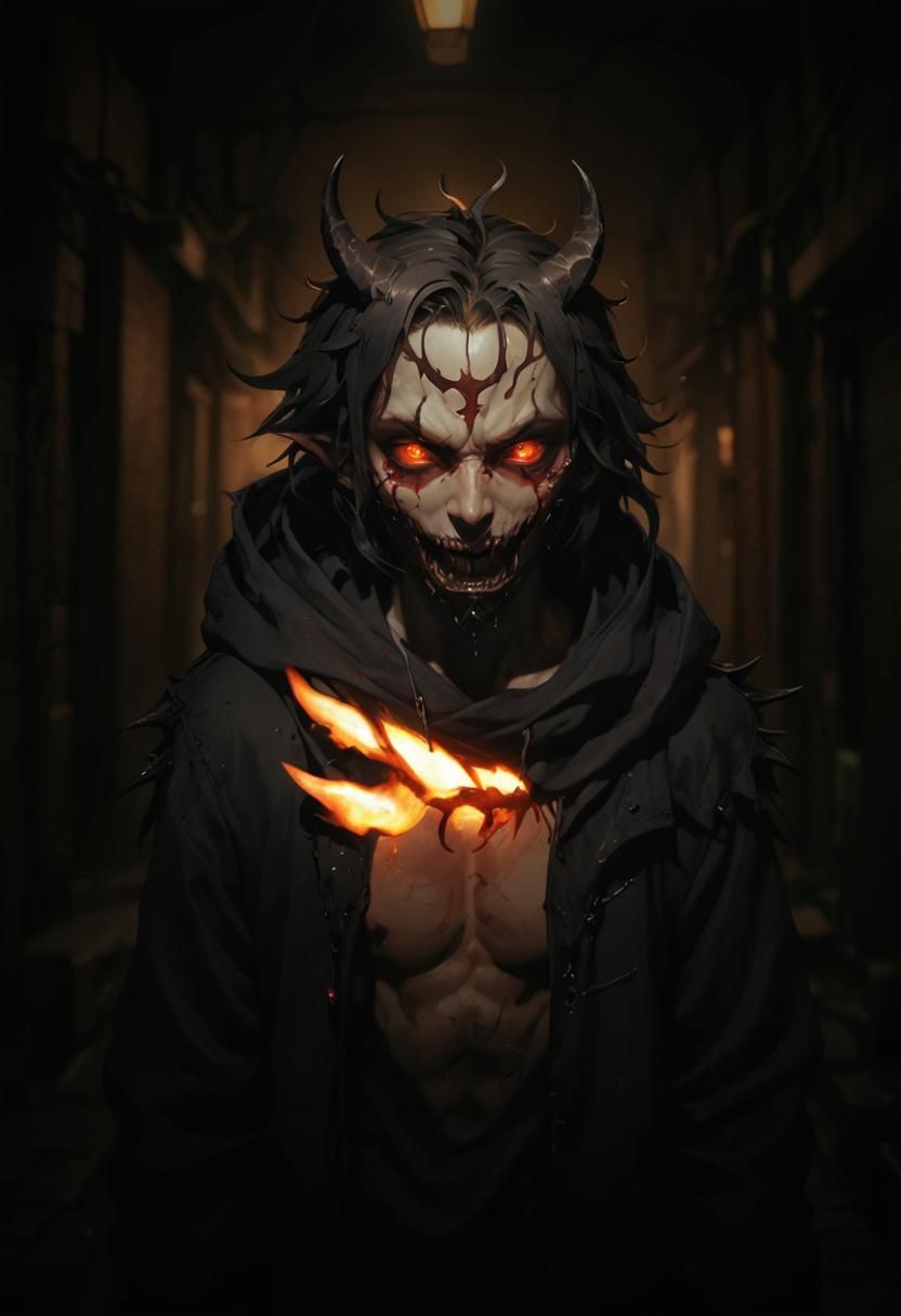 Anime Demon Boy in Dim Alleyway: 3D Digital Art