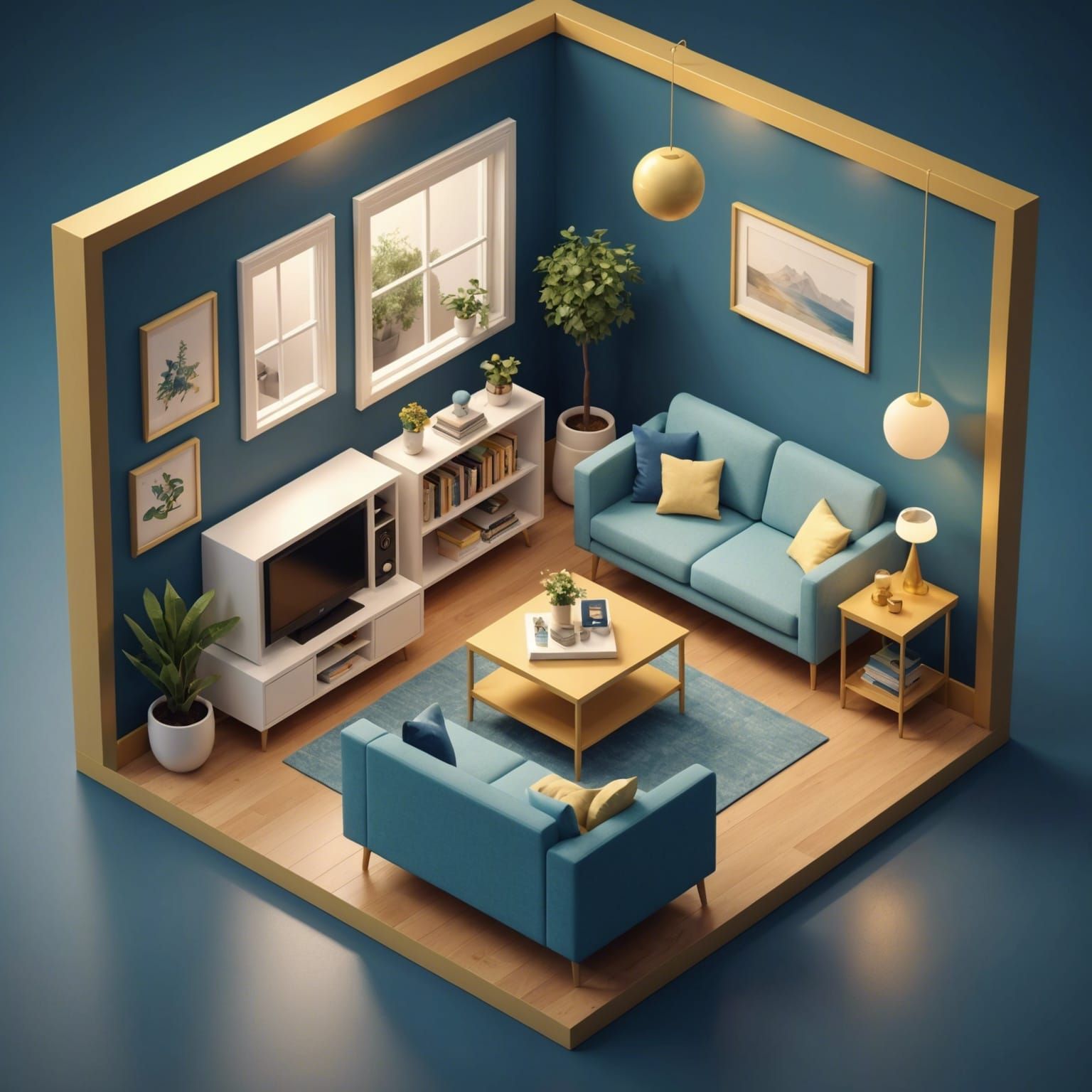 Isometric Living Room in a Cutaway Box