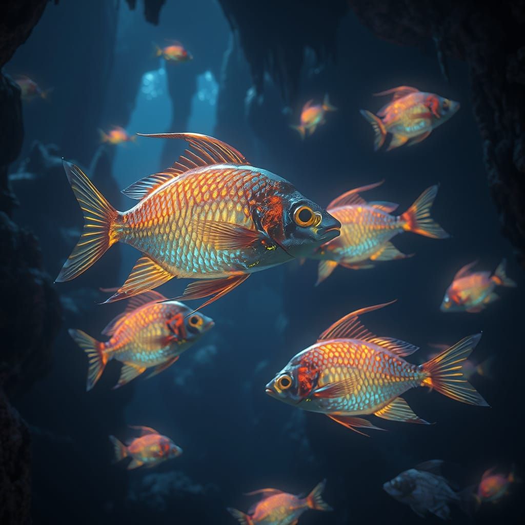 Ethereal Bioluminescent Fish Illuminate Dark Underwater Cave