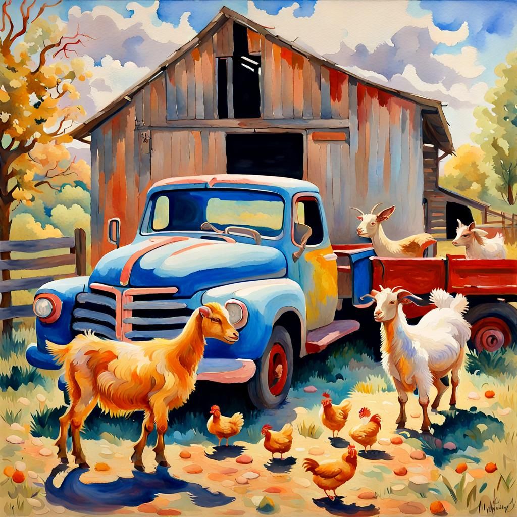 Goats and Chickens in Farmyard Gouache Painting