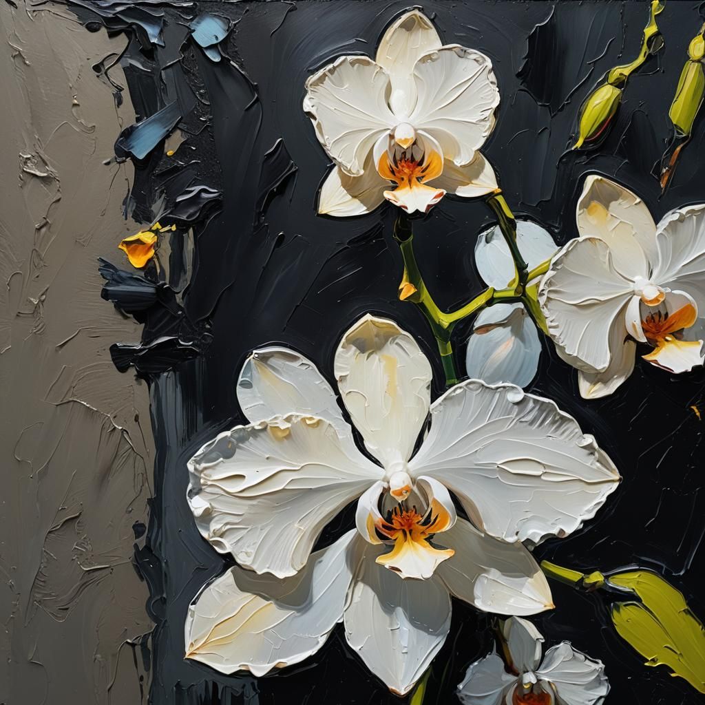 White Orchid in Dark Garden: Neo-Impressionist Oil Painting