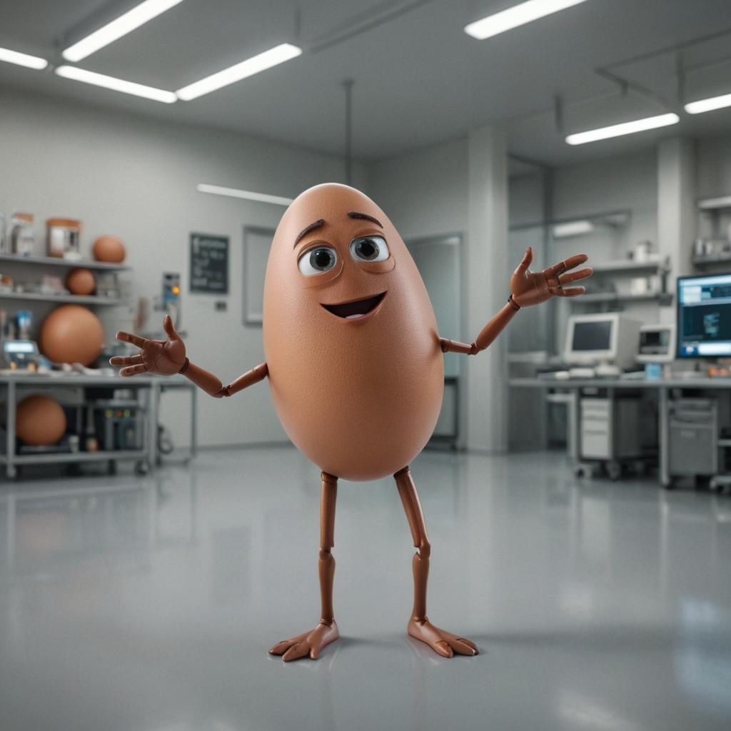Brown Egg Character in Futuristic Laboratory Setting