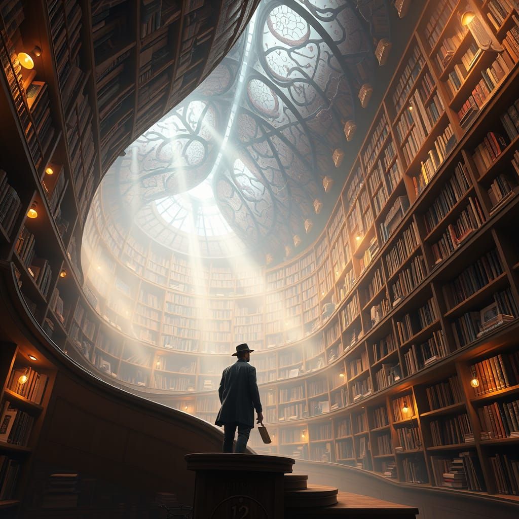 Man Walking Through a Brain-Shaped Library with Intricate De...