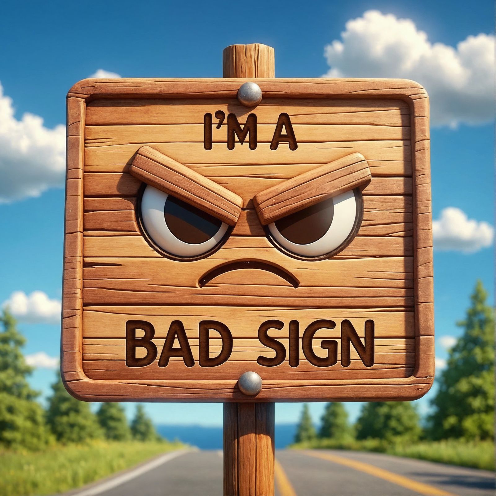 Humorous Cartoon of Grumpy Wooden Sign on Sunny Day