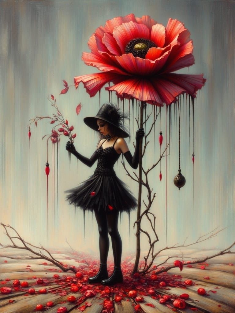 Surreal Poppy Umbrella in a Melancholy Landscape