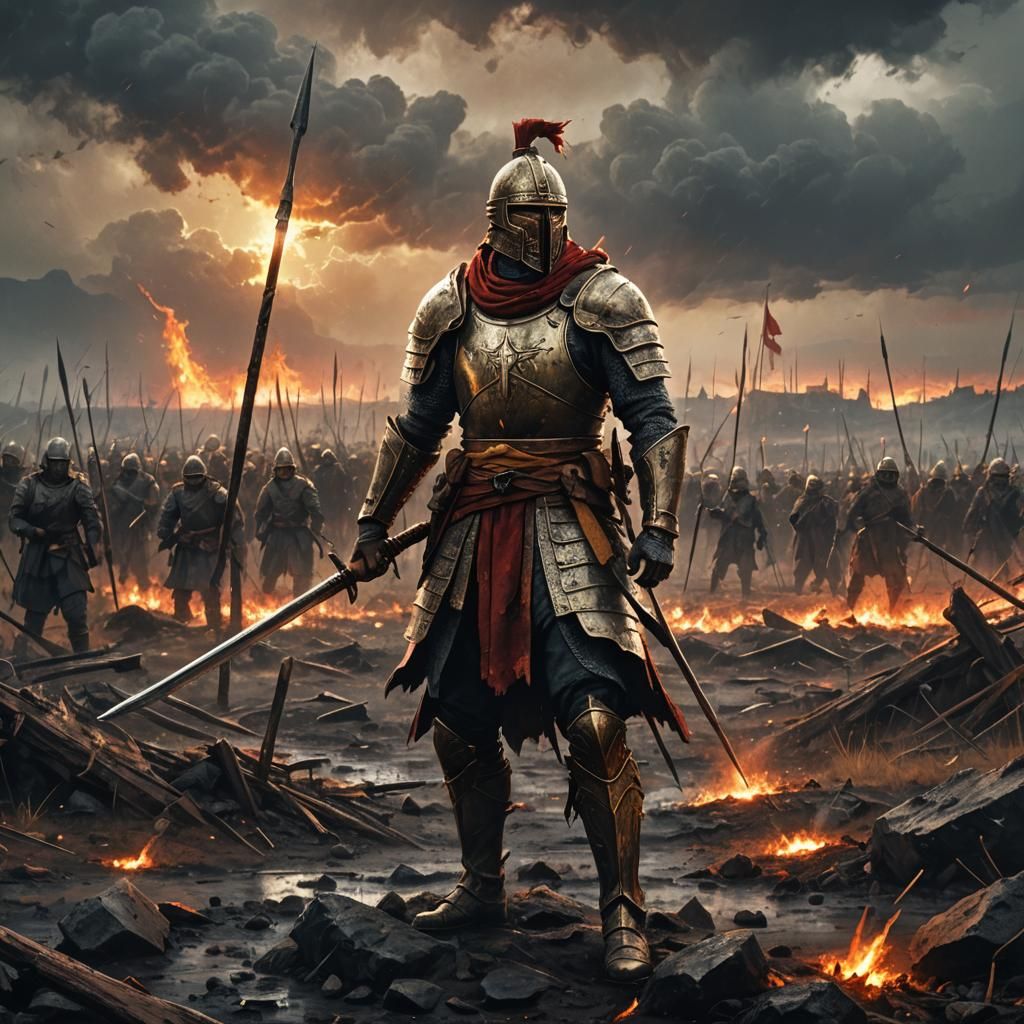 Lone Spearman in Burning Battlefield: Warrior Art