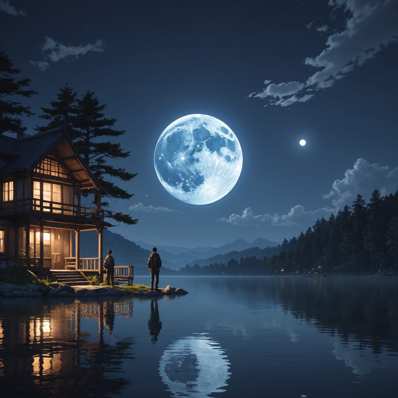 Beautiful Moonlit Lake Reflection: Anime Style Art